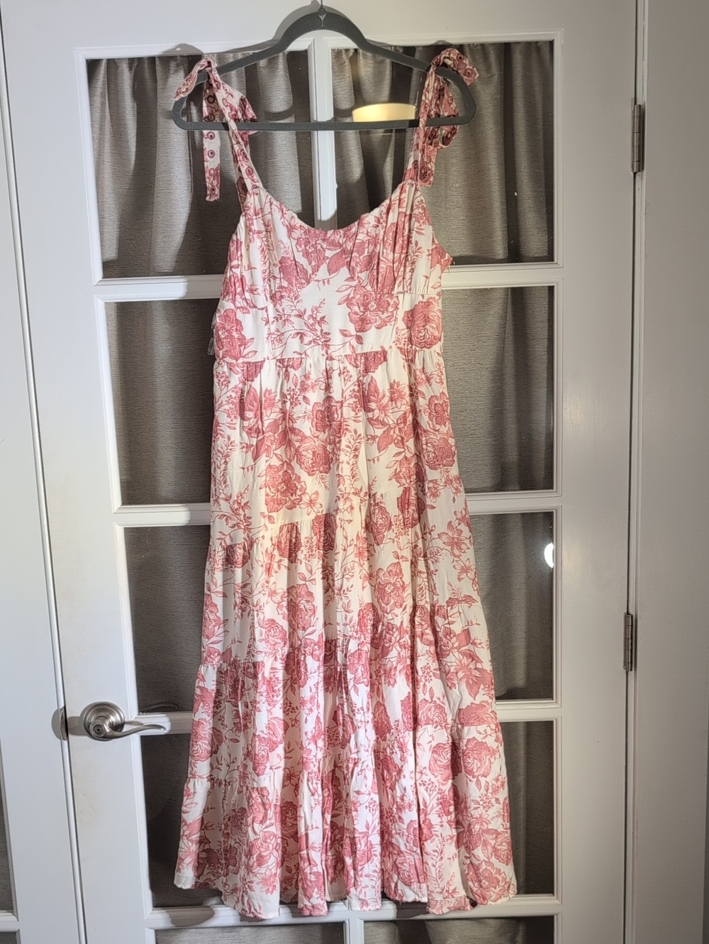 Trixxi Cream Midi Dress with Pink Floral Print and Tie Straps